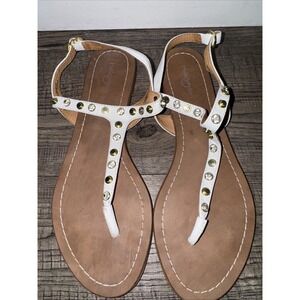 Halogan White Leather Thong Sandles/ Gold And Silver Gems/ Size 8